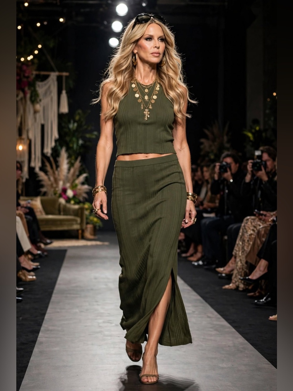 Rachel Zoe Olive Green Ribbed Maxi Skirt and Top Set L